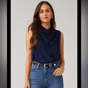 Satin Navy Cowlneck Top